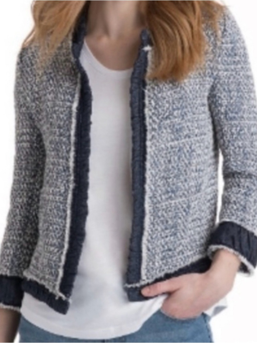 Vineyard Vines Blue and White Tweed Open-Front Jacket with Navy Trim